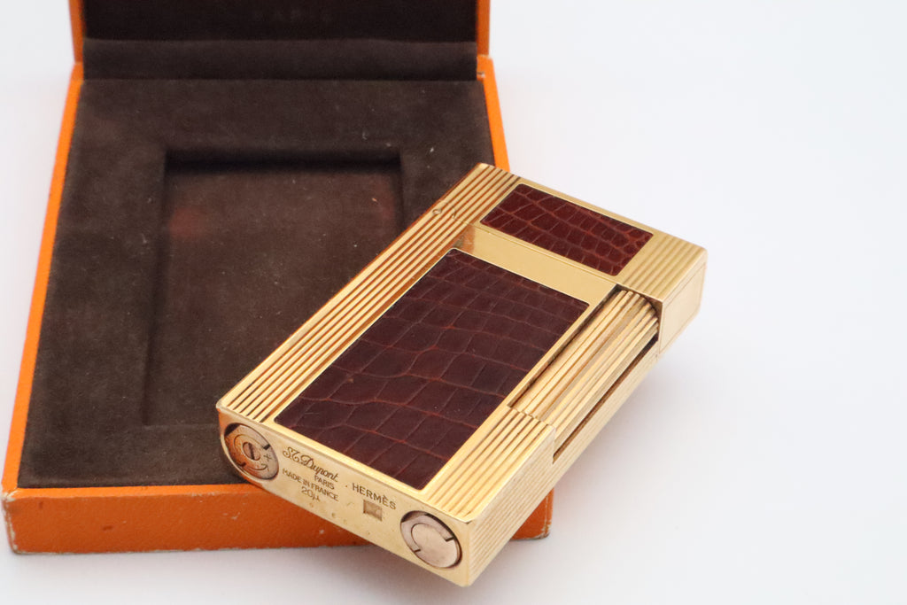 S.T. Dupont Hermes Ligne 2 gold plated crocodile leather lighter