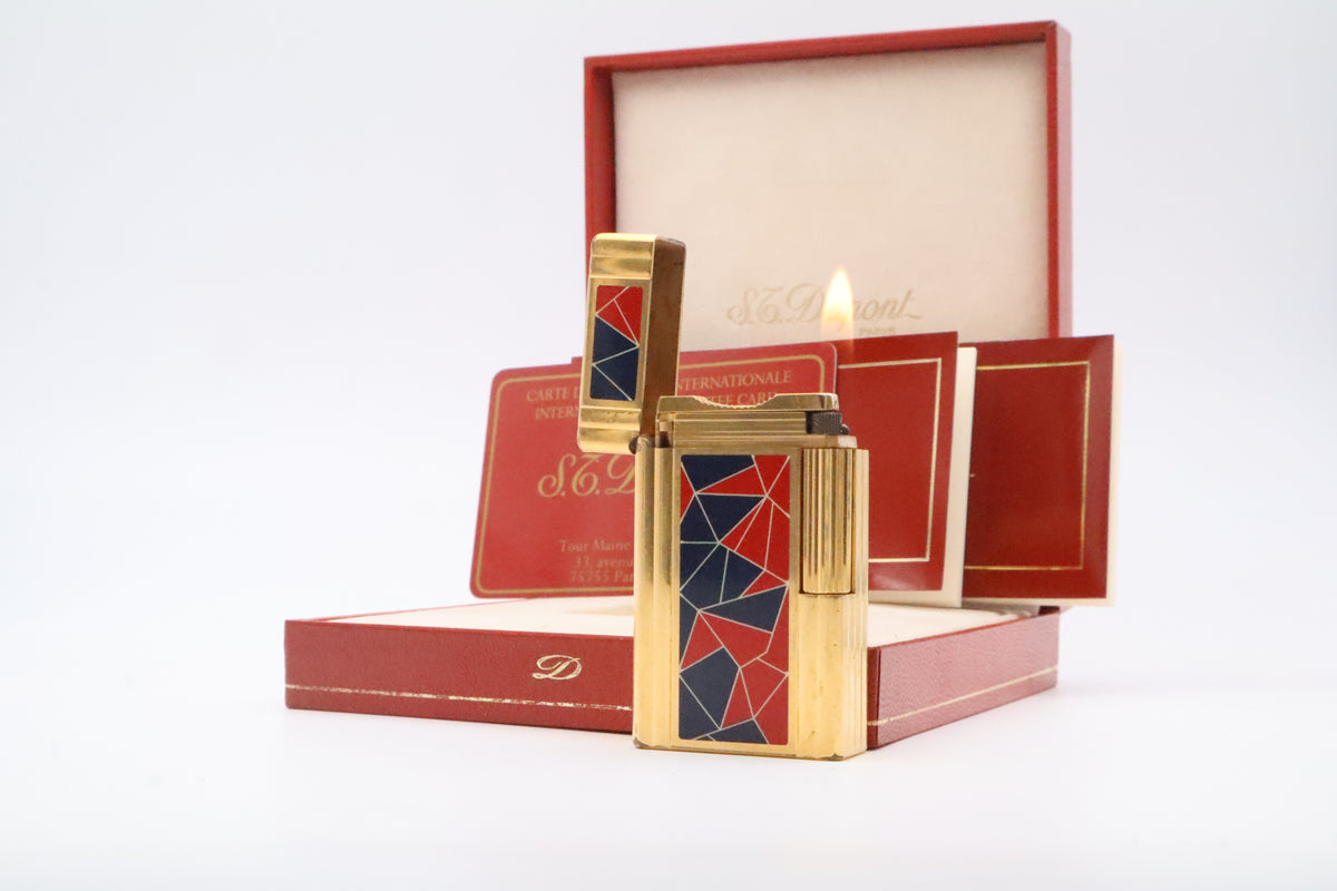 S.T. Dupont Ligne 1 Chinese lacquer mosaic French Revolution limited edition lighter in red and blue, with original box