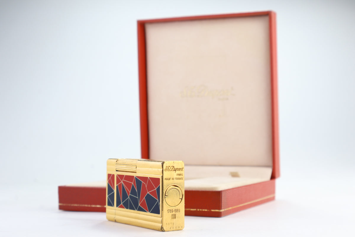 S.T. Dupont Ligne 1 Chinese lacquer mosaic French Revolution limited edition lighter in red and blue, with original box