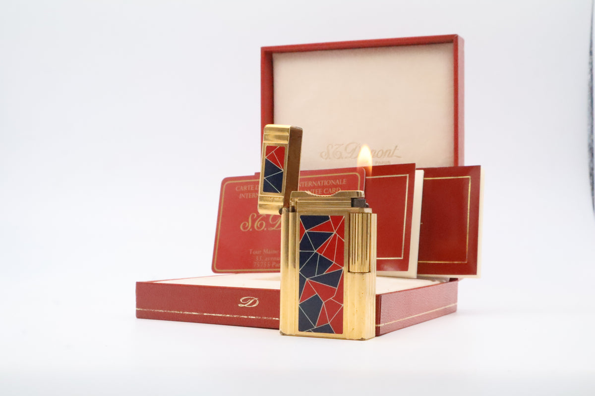 S.T. Dupont Ligne 1 Chinese lacquer mosaic French Revolution limited edition lighter in red and blue, with original box