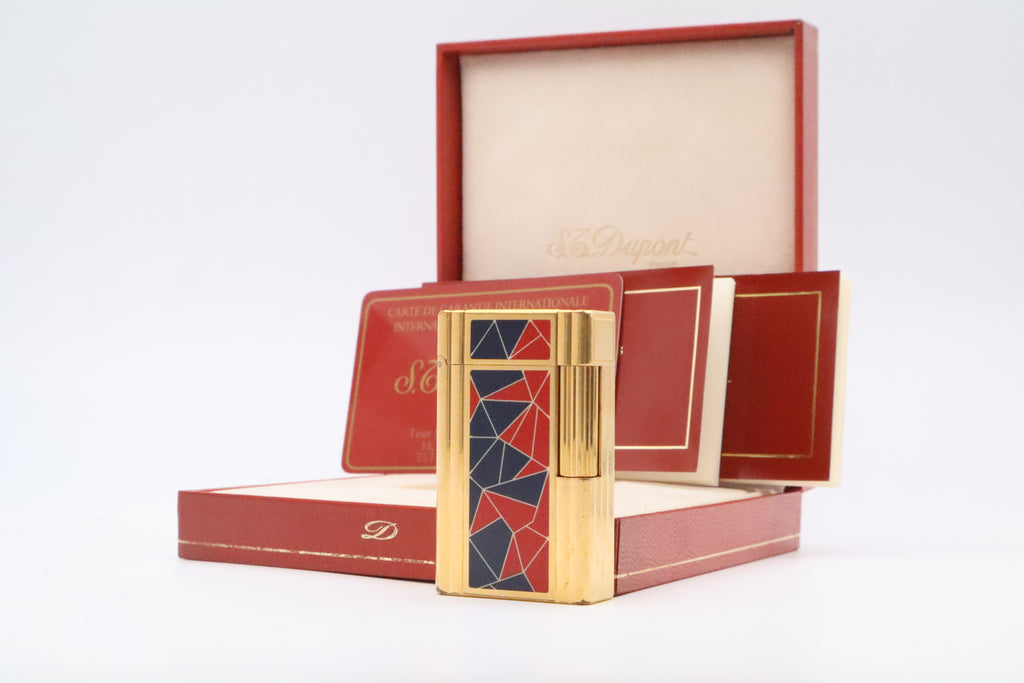 S.T. Dupont Ligne 1 Chinese lacquer mosaic French Revolution limited edition lighter in red and blue, with original box