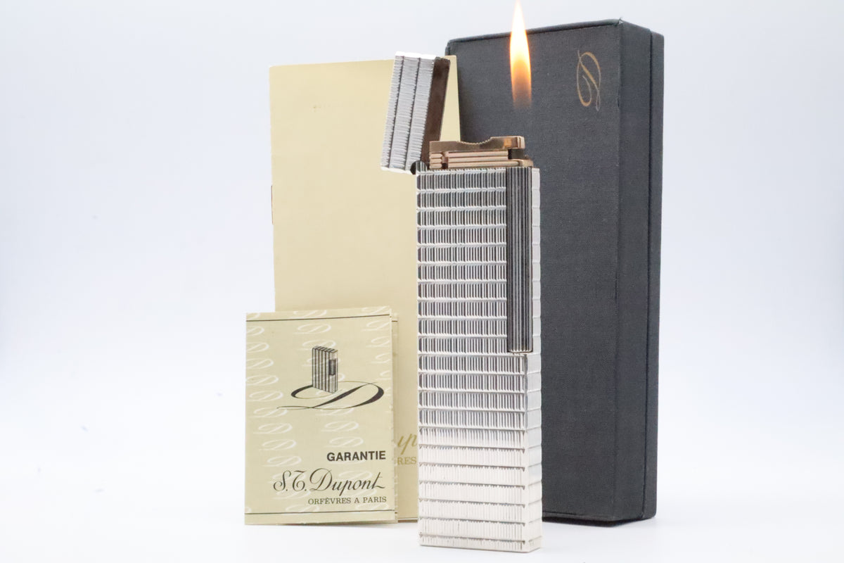 S.T. Dupont Ligne 1 silver table lighter with Prince of Wales pattern, with original box and papers