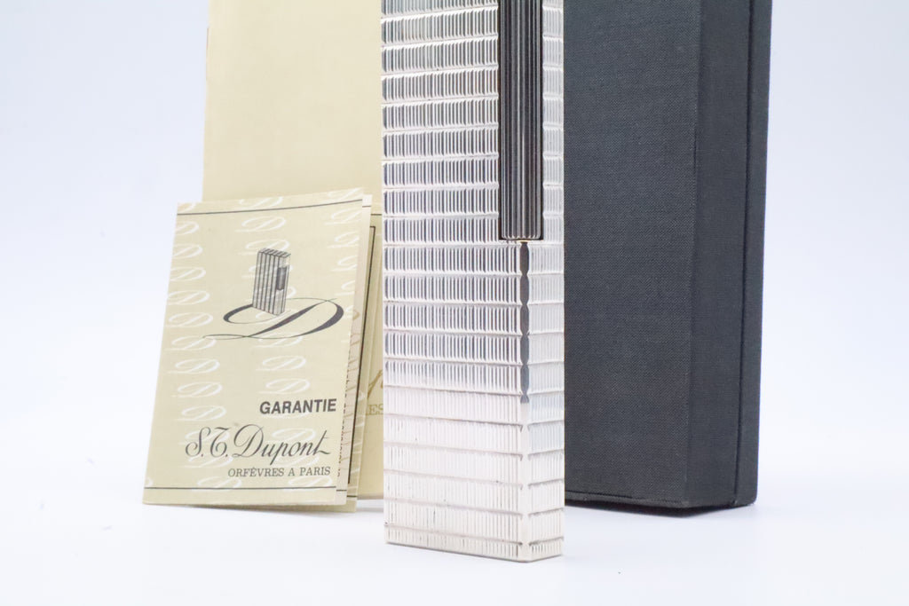 S.T. Dupont Ligne 1 silver table lighter with Prince of Wales pattern, with original box and papers