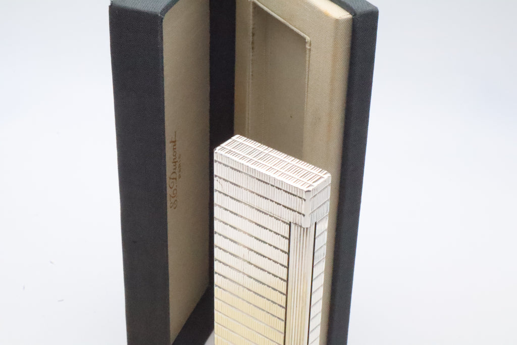 S.T. Dupont Ligne 1 silver table lighter with Prince of Wales pattern, with original box and papers