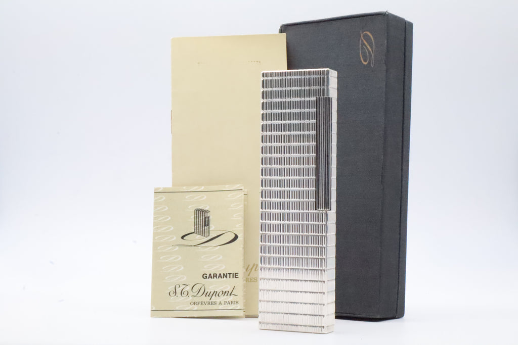 S.T. Dupont Ligne 1 silver table lighter with Prince of Wales pattern, with original box and papers