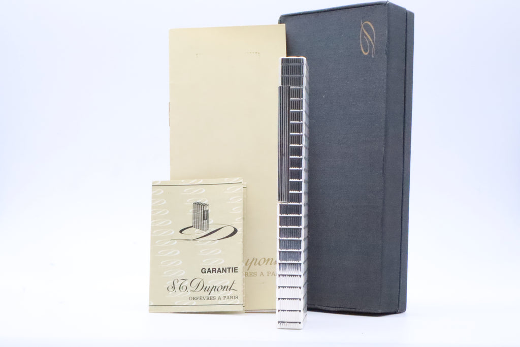 S.T. Dupont Ligne 1 silver table lighter with Prince of Wales pattern, with original box and papers