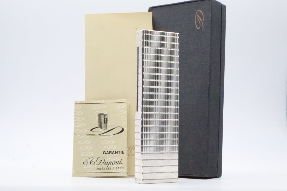 S.T. Dupont Ligne 1 silver table lighter with Prince of Wales pattern, with original box and papers