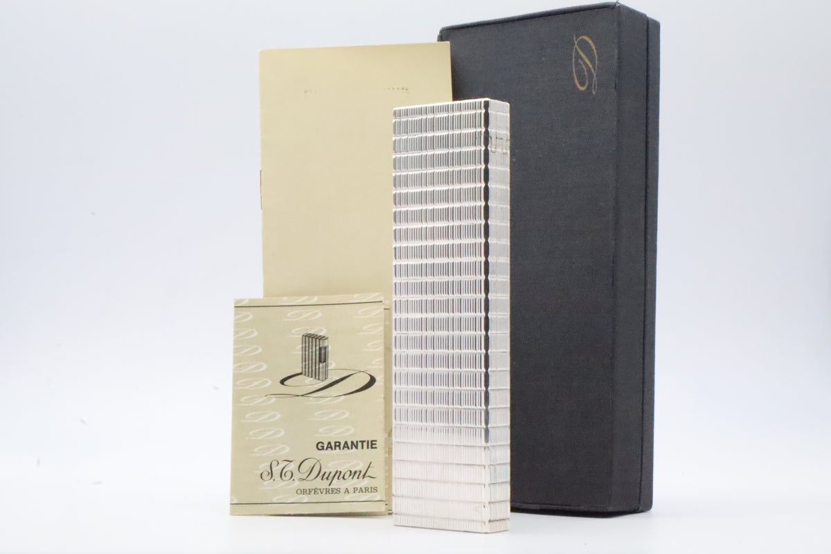 S.T. Dupont Ligne 1 silver table lighter with Prince of Wales pattern, with original box and papers
