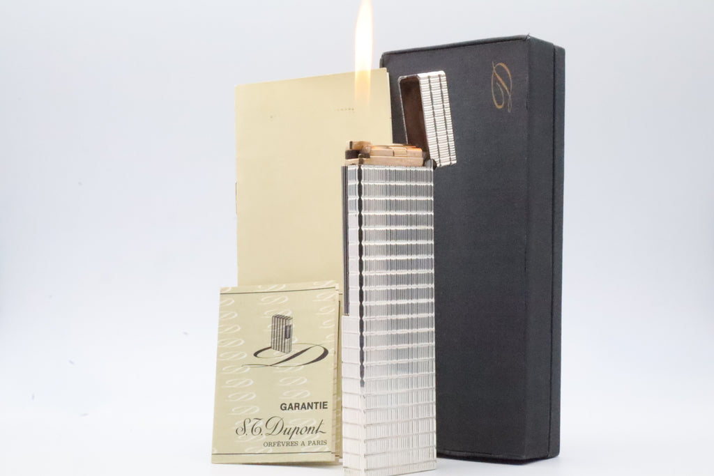 S.T. Dupont Ligne 1 silver table lighter with Prince of Wales pattern, with original box and papers