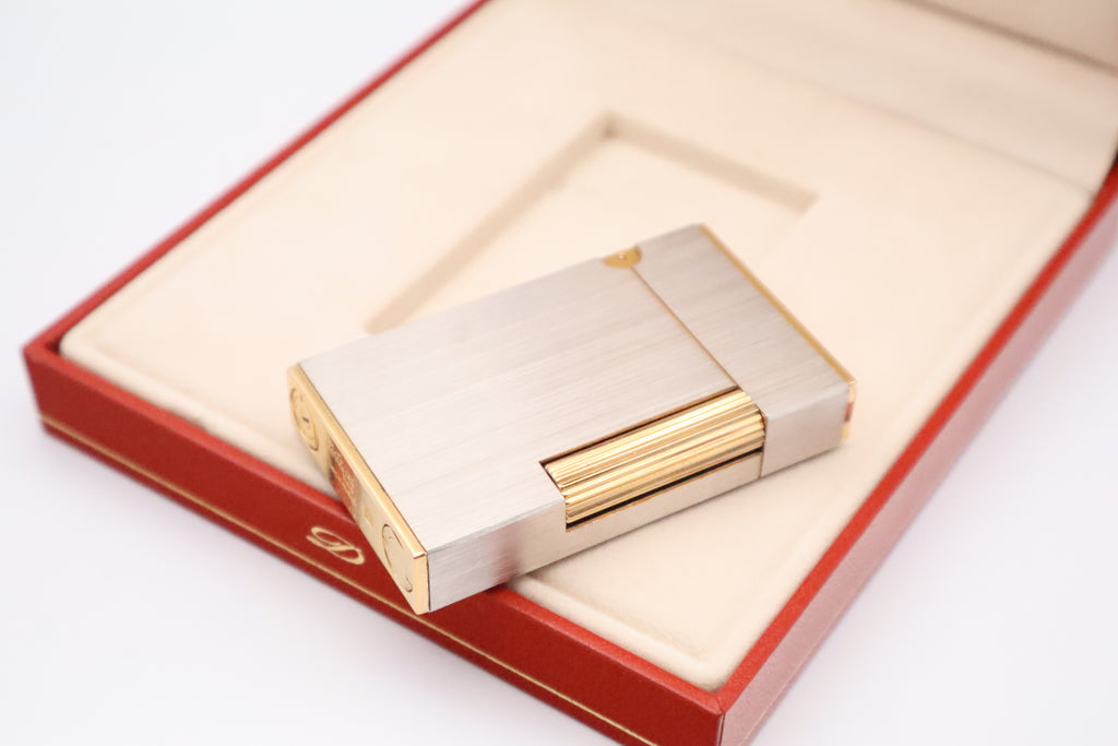 Vintage 1990s S.T. Dupont Ligne 2 Grand Modele brushed silver lighter with box