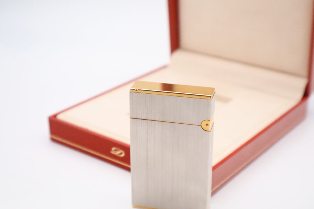 Vintage 1990s S.T. Dupont Ligne 2 Grand Modele brushed silver lighter with box