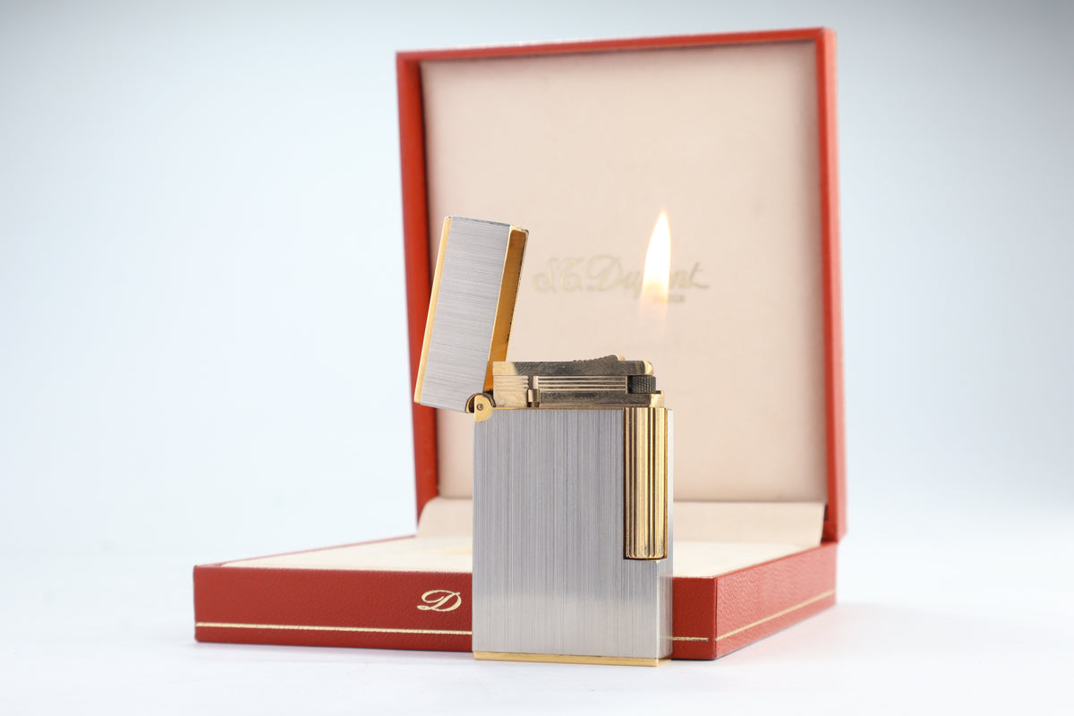 Vintage 1990s S.T. Dupont Ligne 2 Grand Modele brushed silver lighter with box