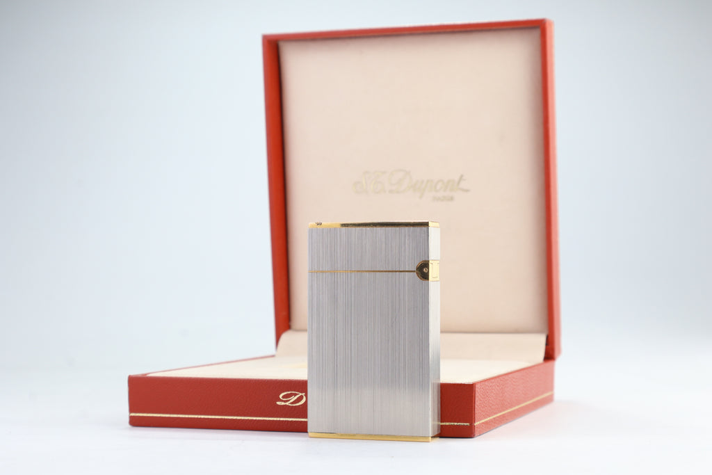 Vintage 1990s S.T. Dupont Ligne 2 Grand Modele brushed silver lighter with box