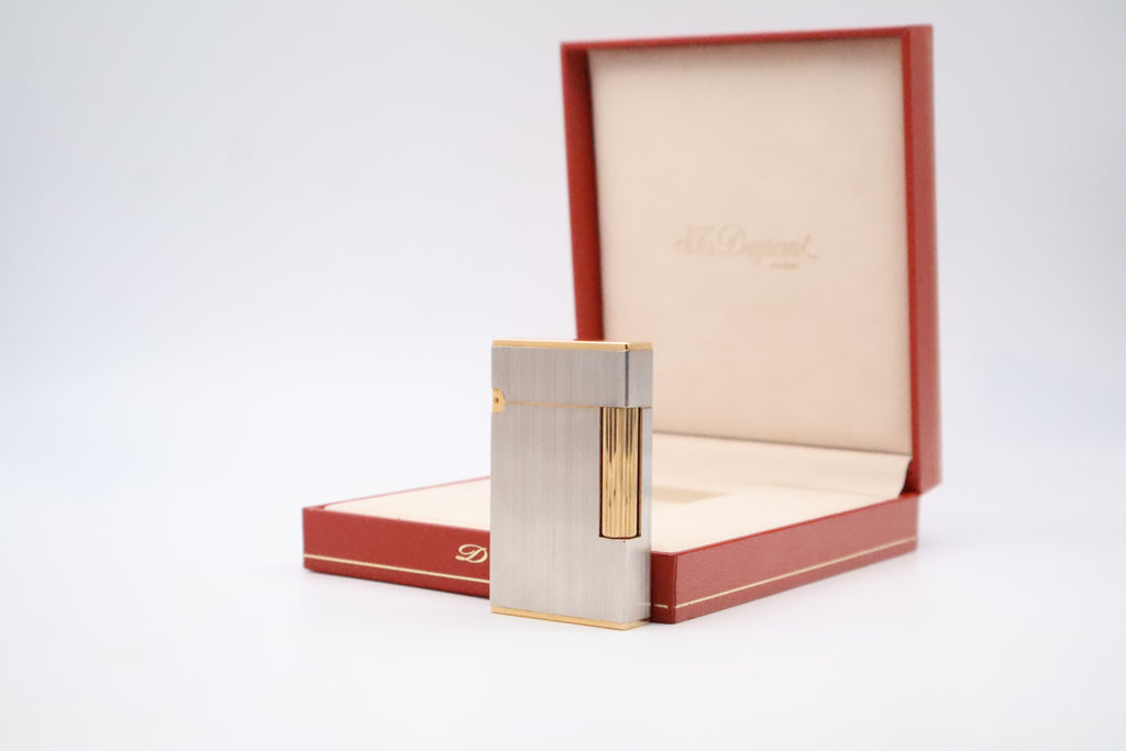 Vintage 1990s S.T. Dupont Ligne 2 Grand Modele brushed silver lighter with box