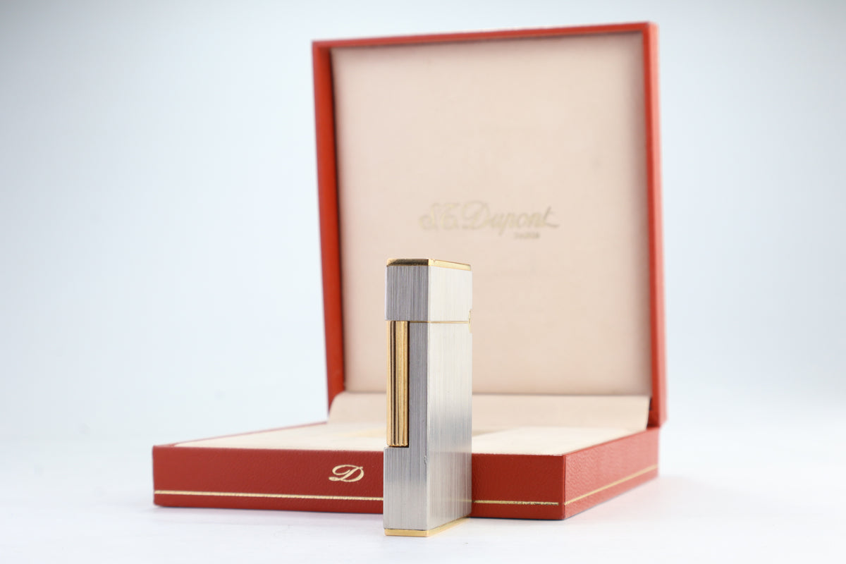Vintage 1990s S.T. Dupont Ligne 2 Grand Modele brushed silver lighter with box