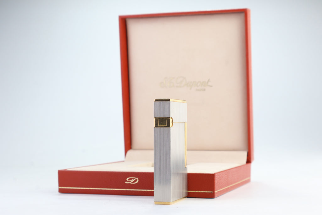 Vintage 1990s S.T. Dupont Ligne 2 Grand Modele brushed silver lighter with box