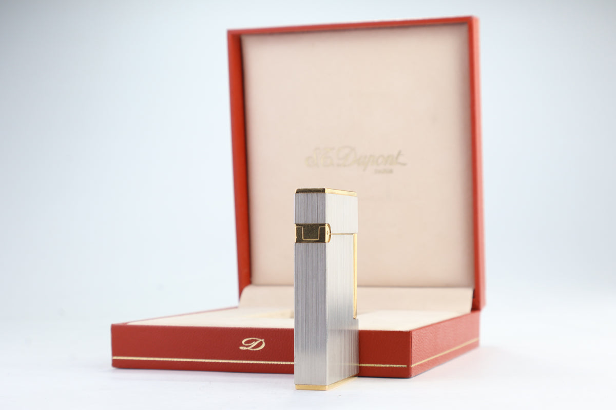 Vintage 1990s S.T. Dupont Ligne 2 Grand Modele brushed silver lighter with box