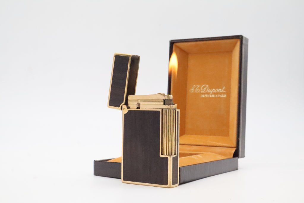 S.T. Dupont Ligne 2 Grand Modele lighter with real wood inlay and gold trim, with original box