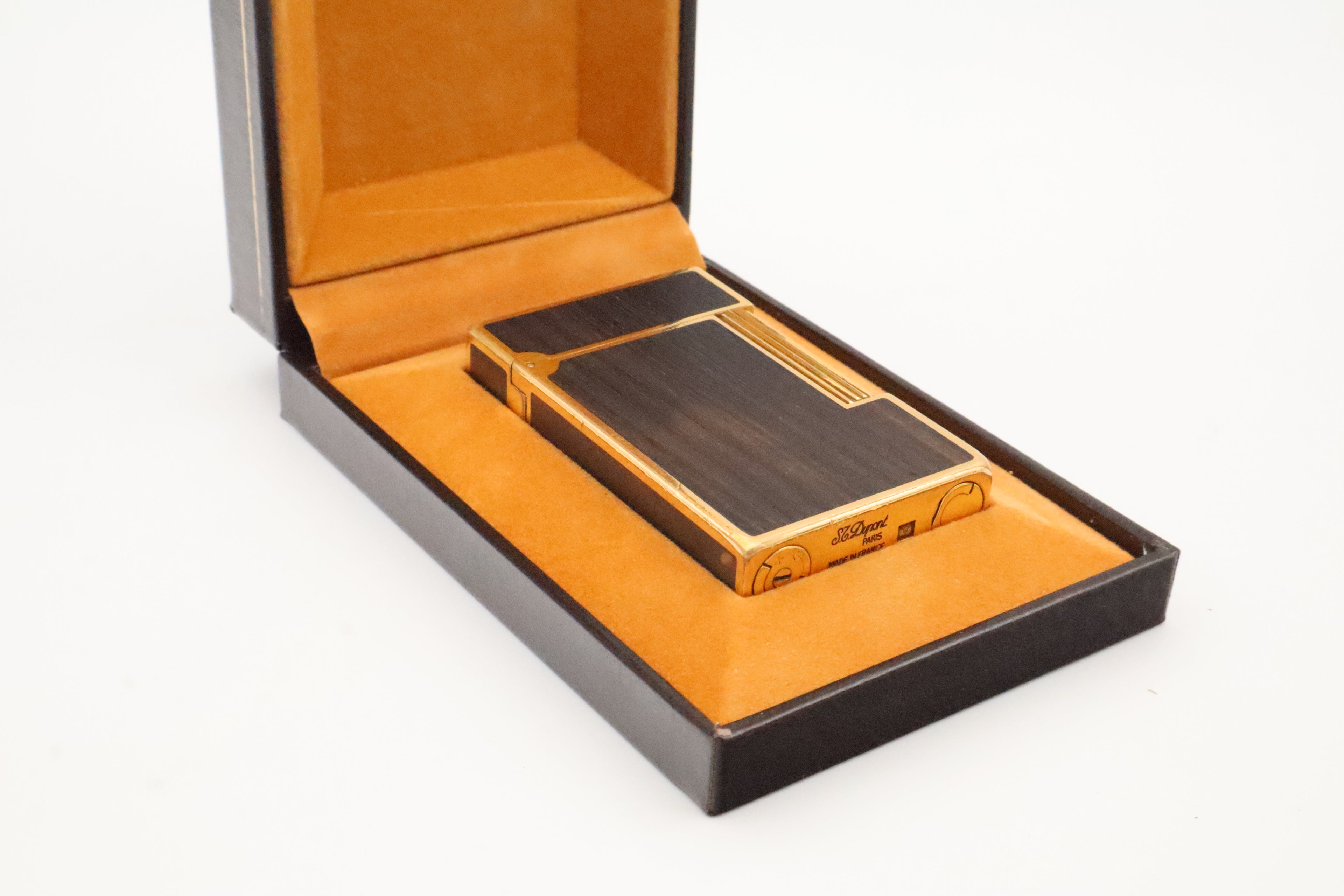 S.T. Dupont Ligne 2 Grand Modele lighter with real wood inlay and gold trim, with original box