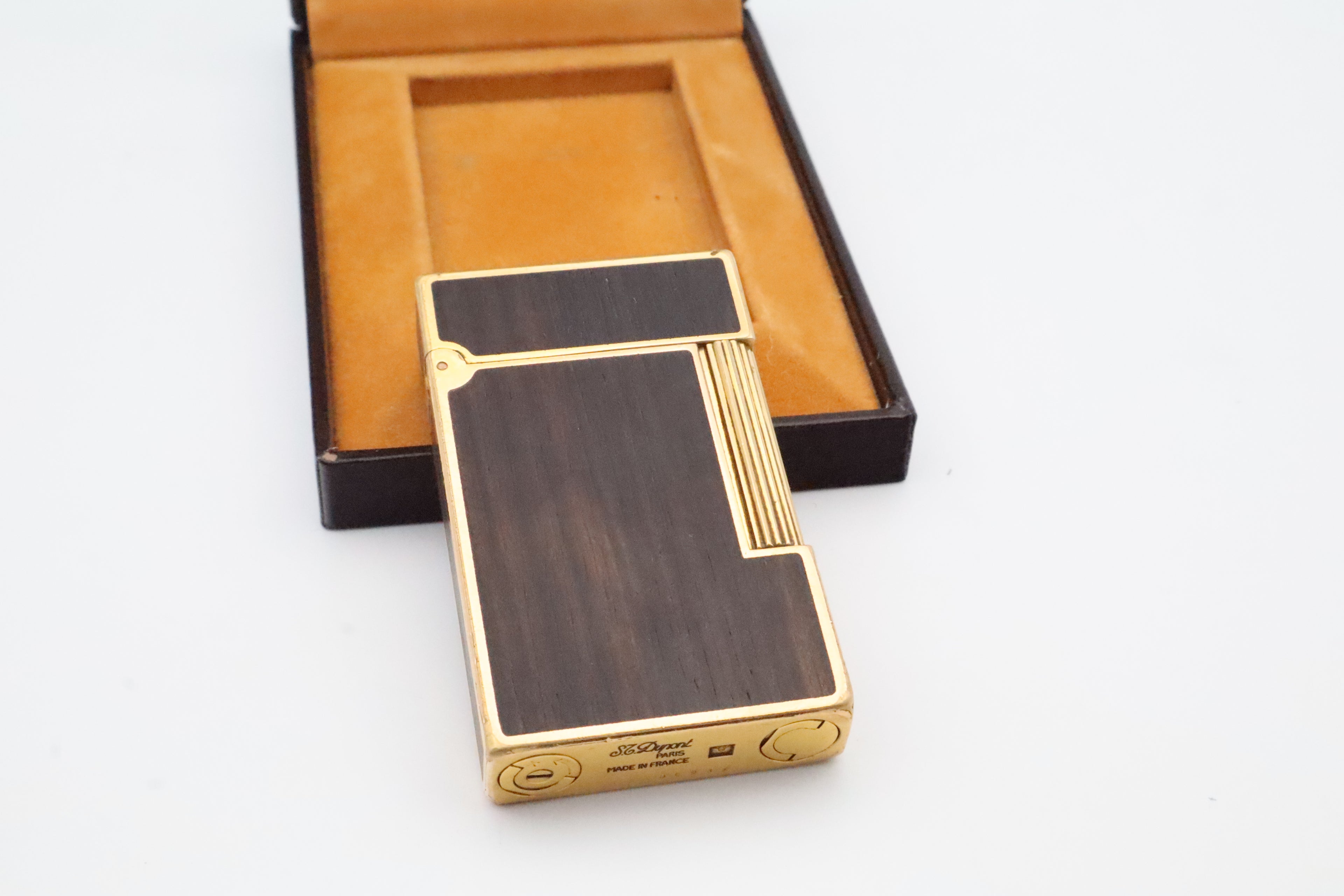 S.T. Dupont Ligne 2 Grand Modele lighter with real wood inlay and gold trim, with original box