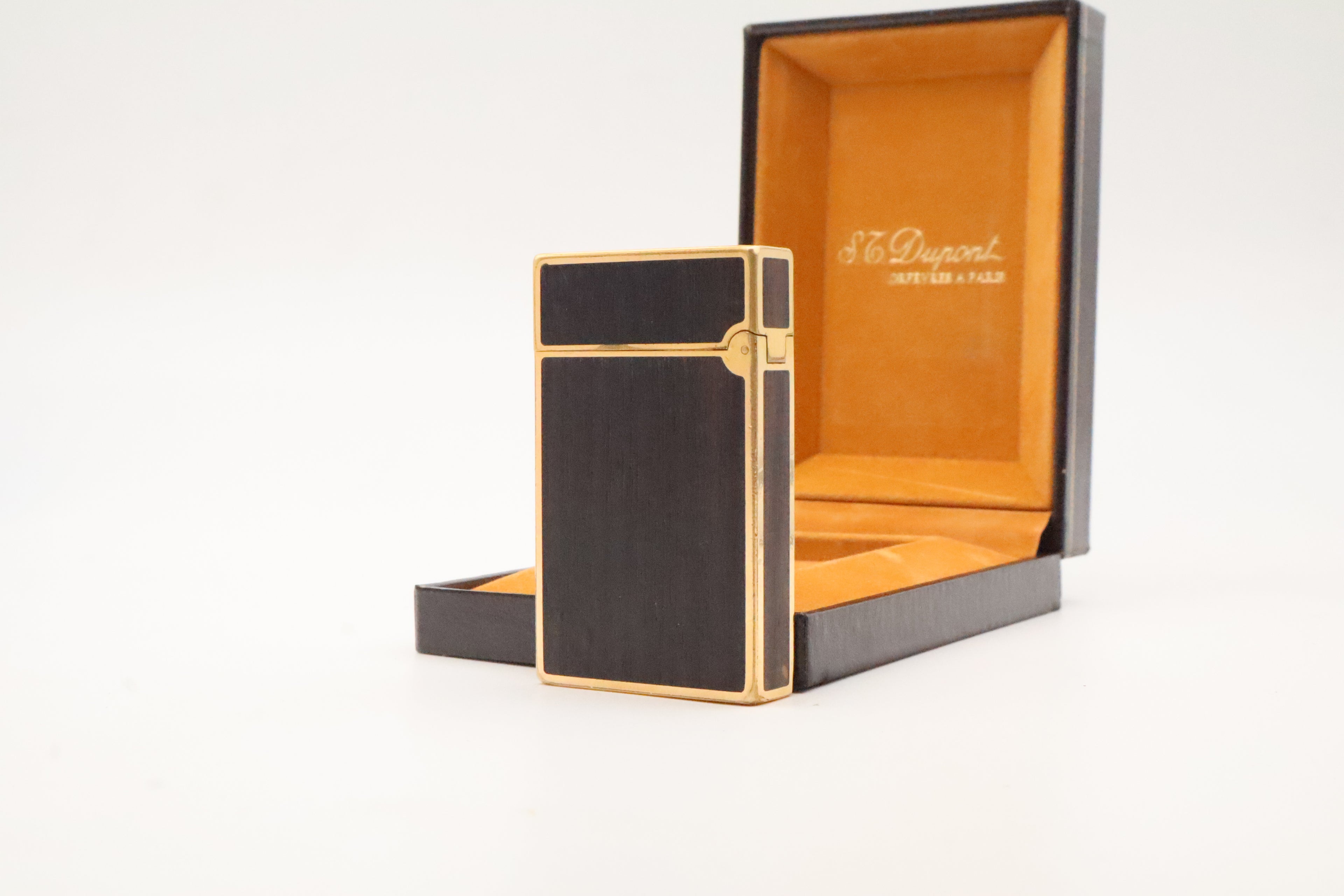 S.T. Dupont Ligne 2 Grand Modele lighter with real wood inlay and gold trim, with original box