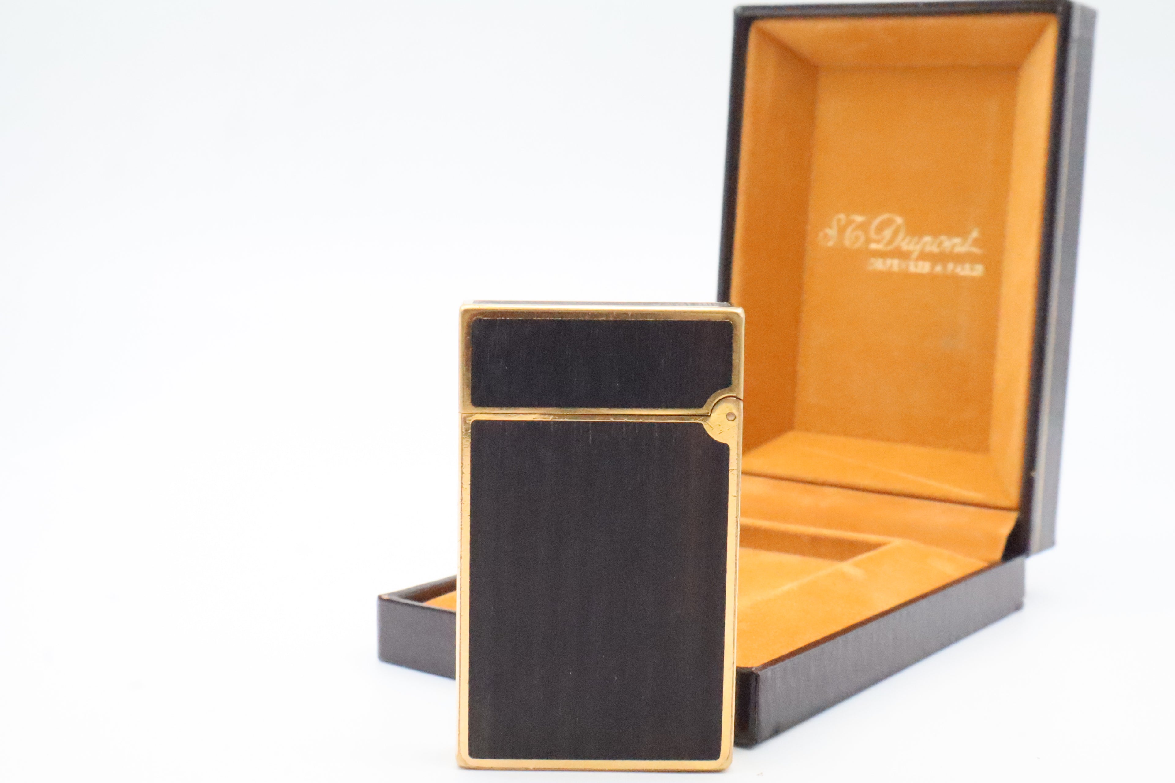 S.T. Dupont Ligne 2 Grand Modele lighter with real wood inlay and gold trim, with original box