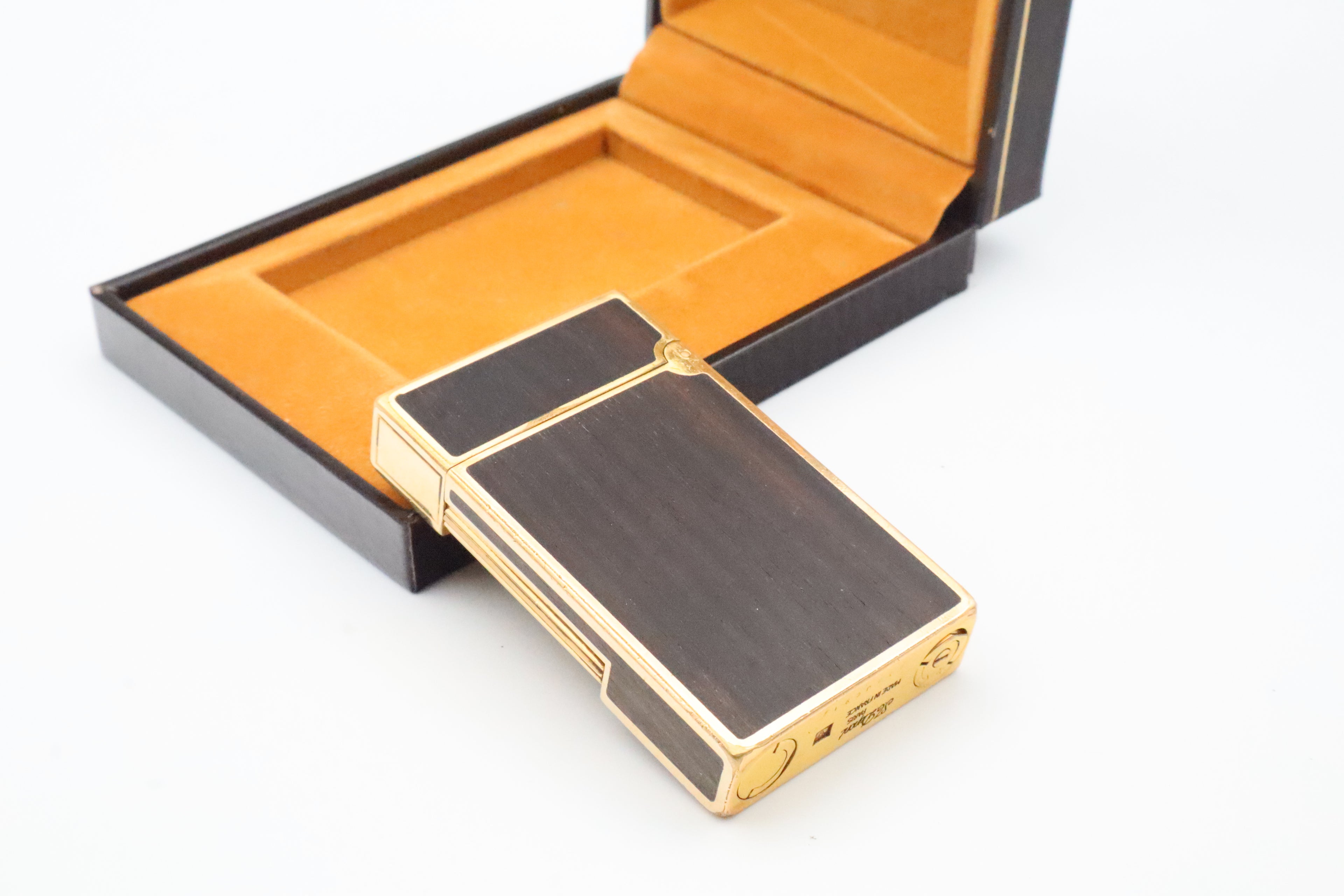 S.T. Dupont Ligne 2 Grand Modele lighter with real wood inlay and gold trim, with original box