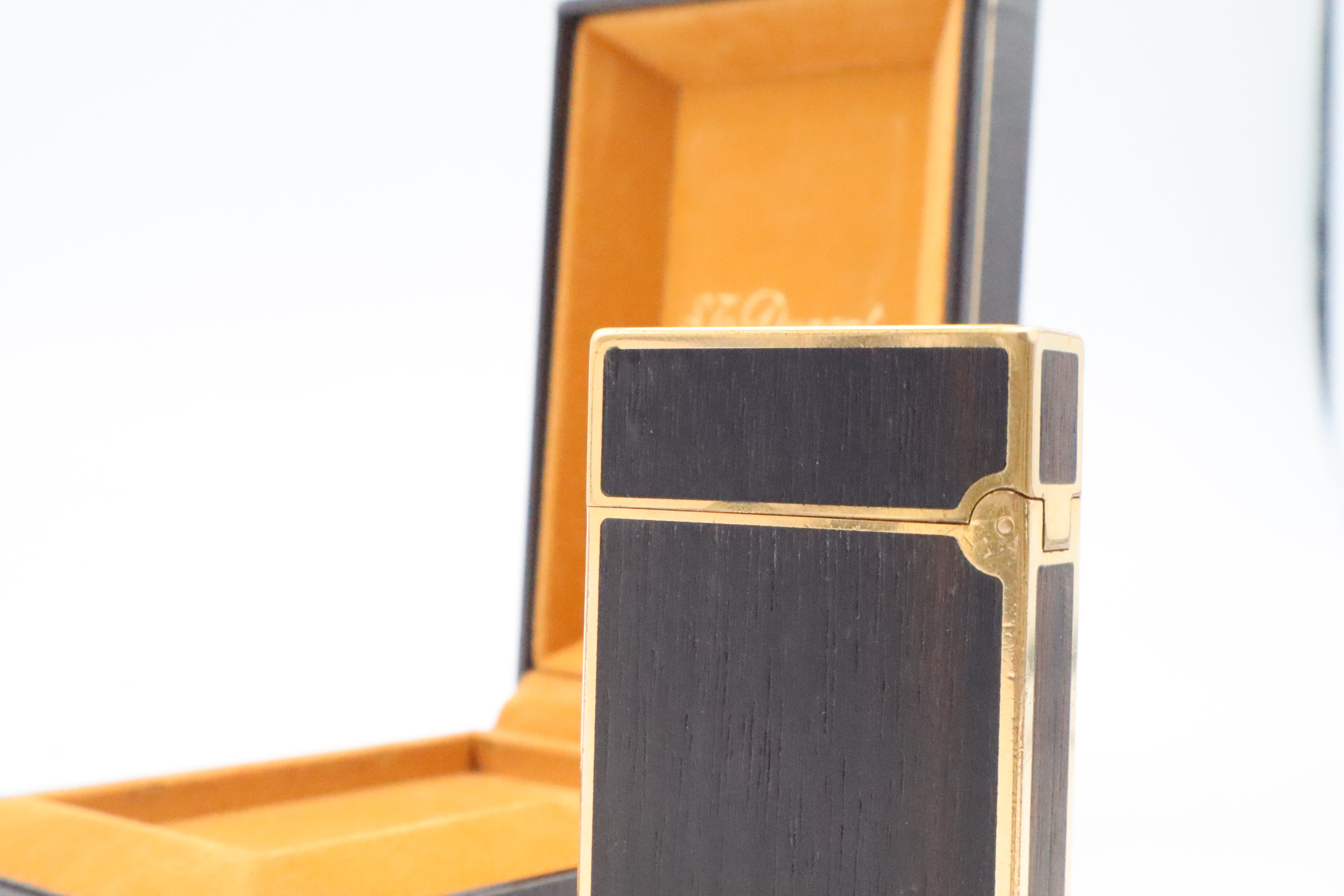 S.T. Dupont Ligne 2 Grand Modele lighter with real wood inlay and gold trim, with original box
