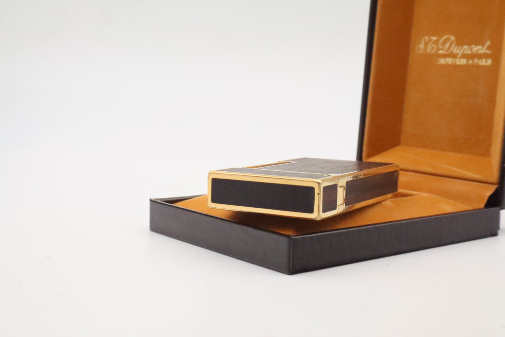 S.T. Dupont Ligne 2 Grand Modele lighter with real wood inlay and gold trim, with original box