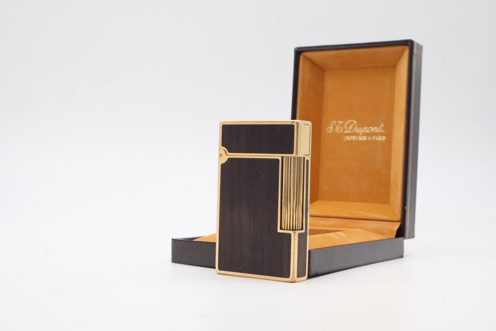 S.T. Dupont Ligne 2 Grand Modele lighter with real wood inlay and gold trim, with original box