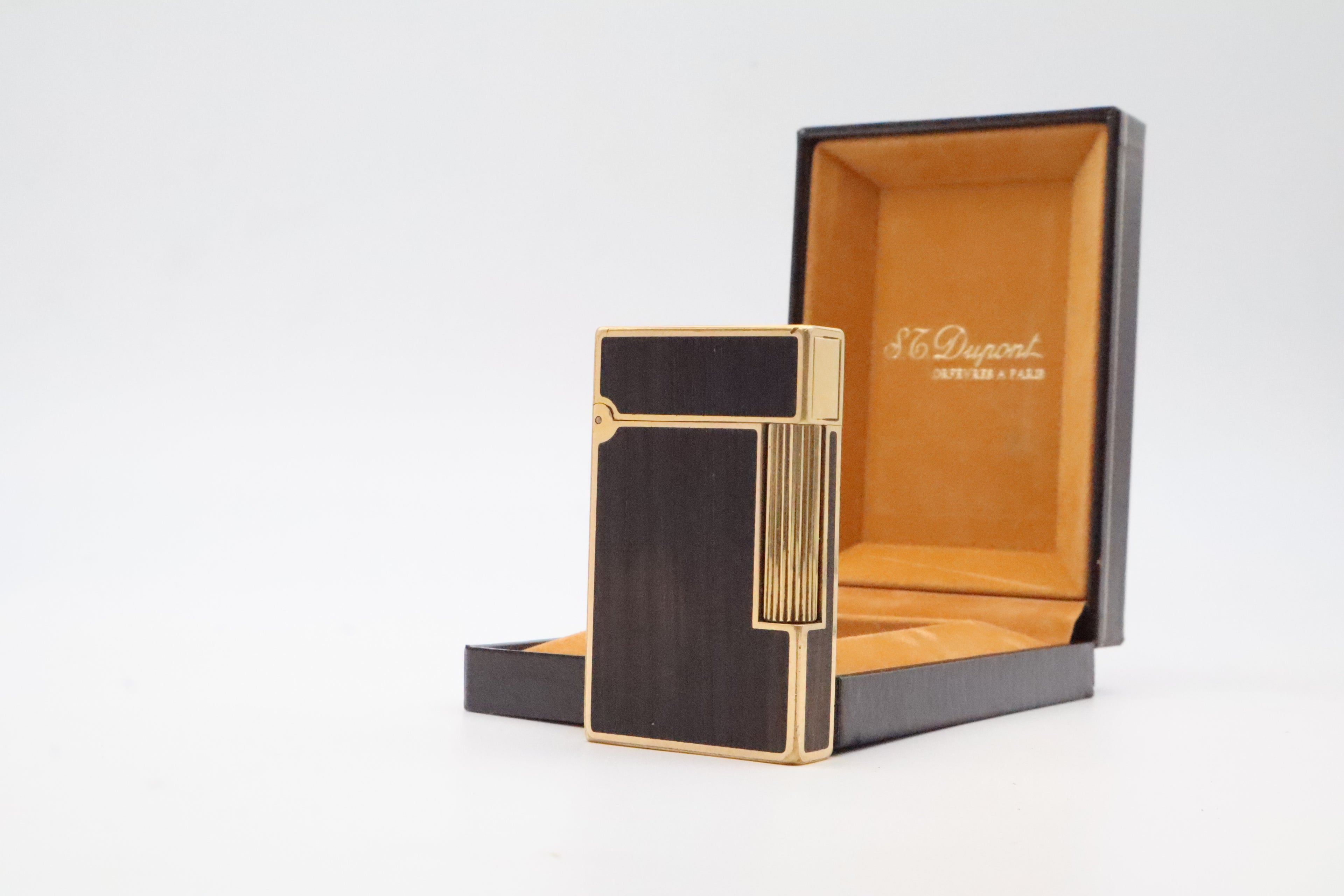 S.T. Dupont Ligne 2 Grand Modele lighter with real wood inlay and gold trim, with original box