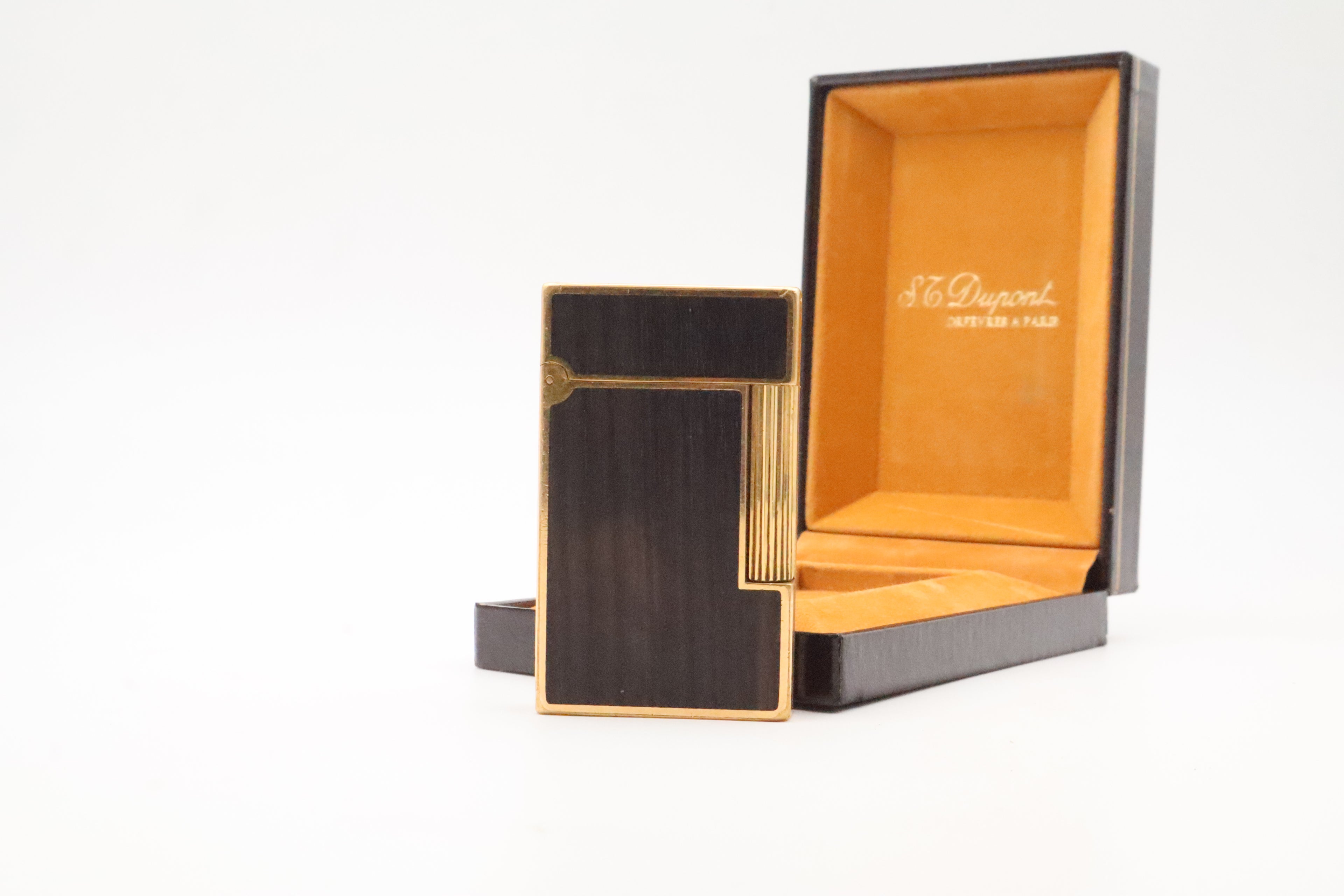 S.T. Dupont Ligne 2 Grand Modele lighter with real wood inlay and gold trim, with original box