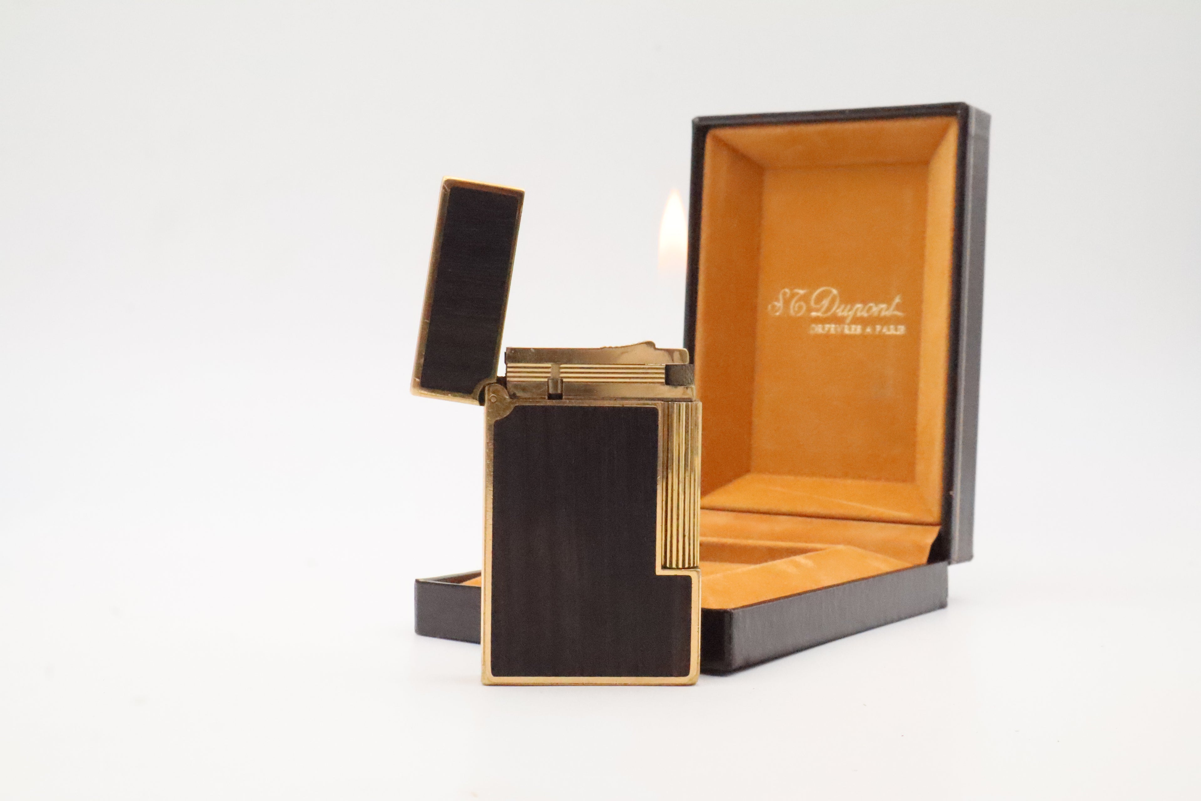 S.T. Dupont Ligne 2 Grand Modele lighter with real wood inlay and gold trim, with original box