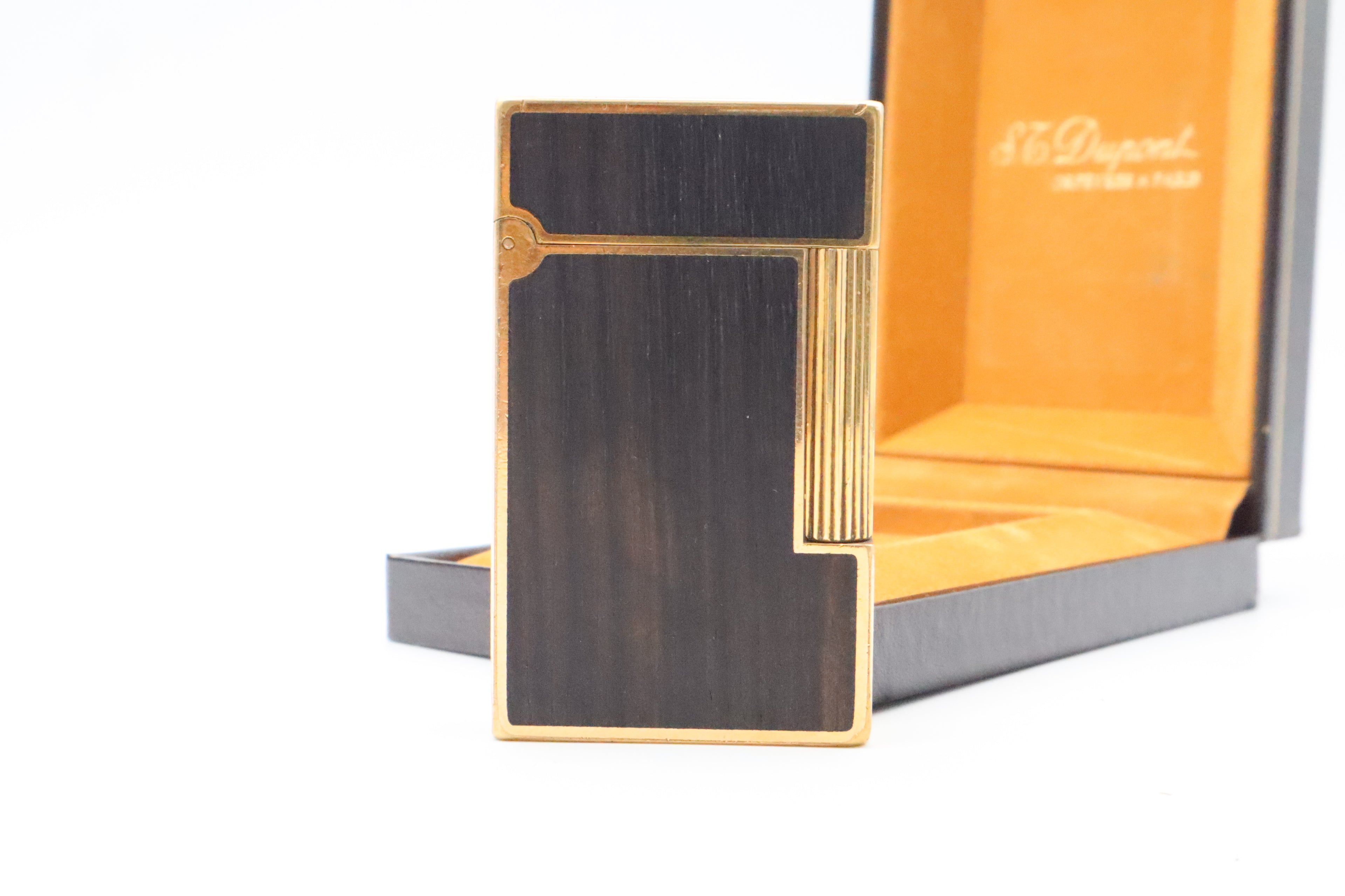 S.T. Dupont Ligne 2 Grand Modele lighter with real wood inlay and gold trim, with original box