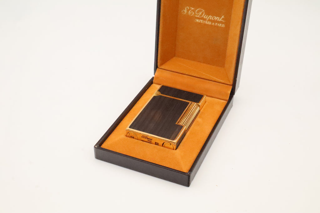 S.T. Dupont Ligne 2 Grand Modele lighter with real wood inlay and gold trim, with original box