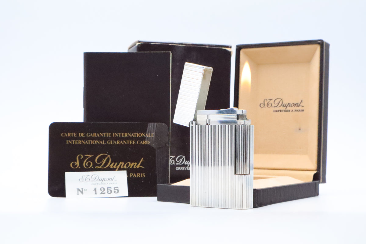 S.T. Dupont Ligne 2 Grand Modele large silver vertical stripes lighter, new old stock, with box and papers