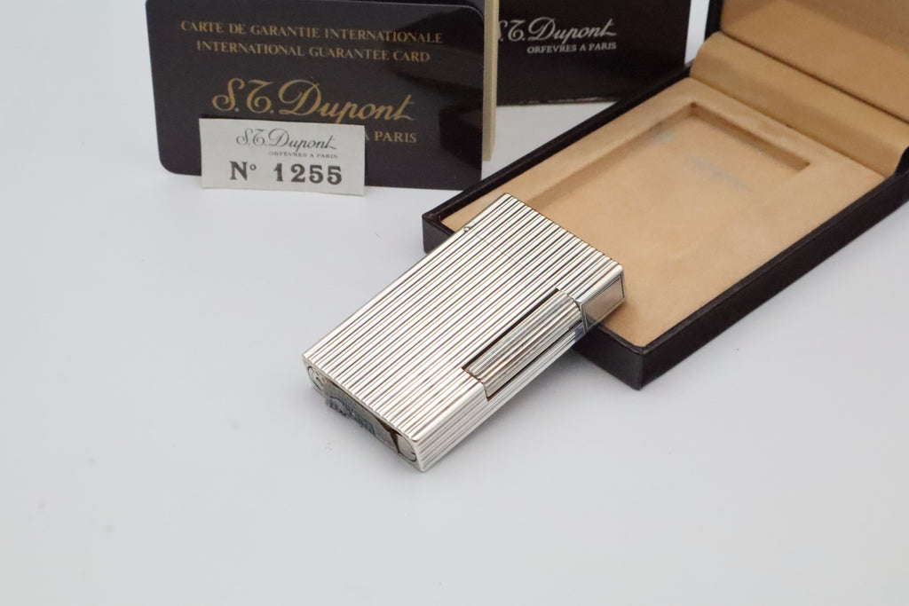 S.T. Dupont Ligne 2 Grand Modele large silver vertical stripes lighter, new old stock, with box and papers