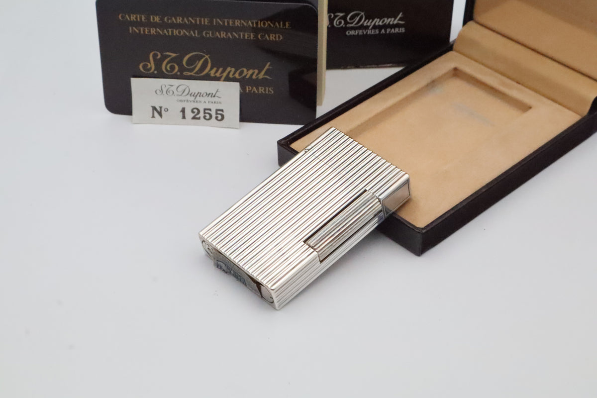 S.T. Dupont Ligne 2 Grand Modele large silver vertical stripes lighter, new old stock, with box and papers