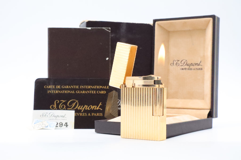 S.T. Dupont Ligne 2 Petit Modele small gold vertical stripes lighter, new old stock, with box and papers