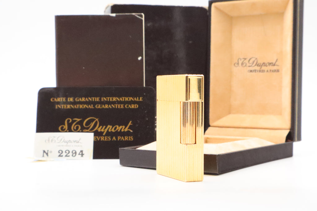 S.T. Dupont Ligne 2 Petit Modele small gold vertical stripes lighter, new old stock, with box and papers