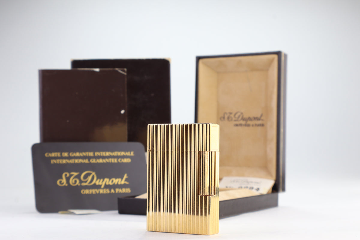 S.T. Dupont Ligne 2 Petit Modele small gold vertical stripes lighter, new old stock, with box and papers