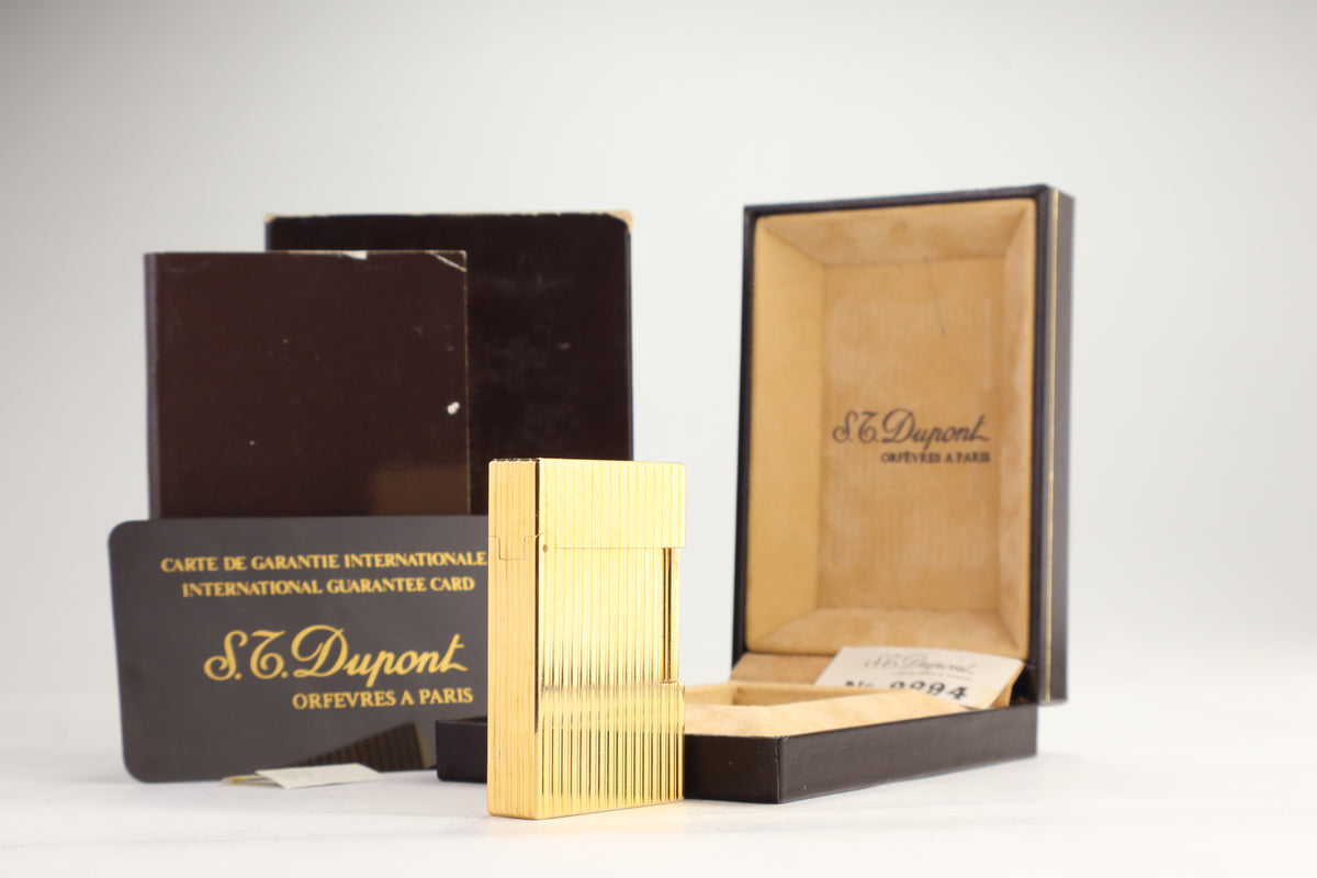 S.T. Dupont Ligne 2 Petit Modele small gold vertical stripes lighter, new old stock, with box and papers