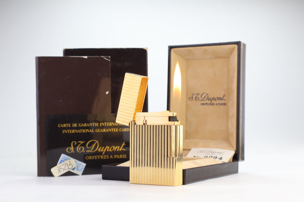 S.T. Dupont Ligne 2 Petit Modele small gold vertical stripes lighter, new old stock, with box and papers