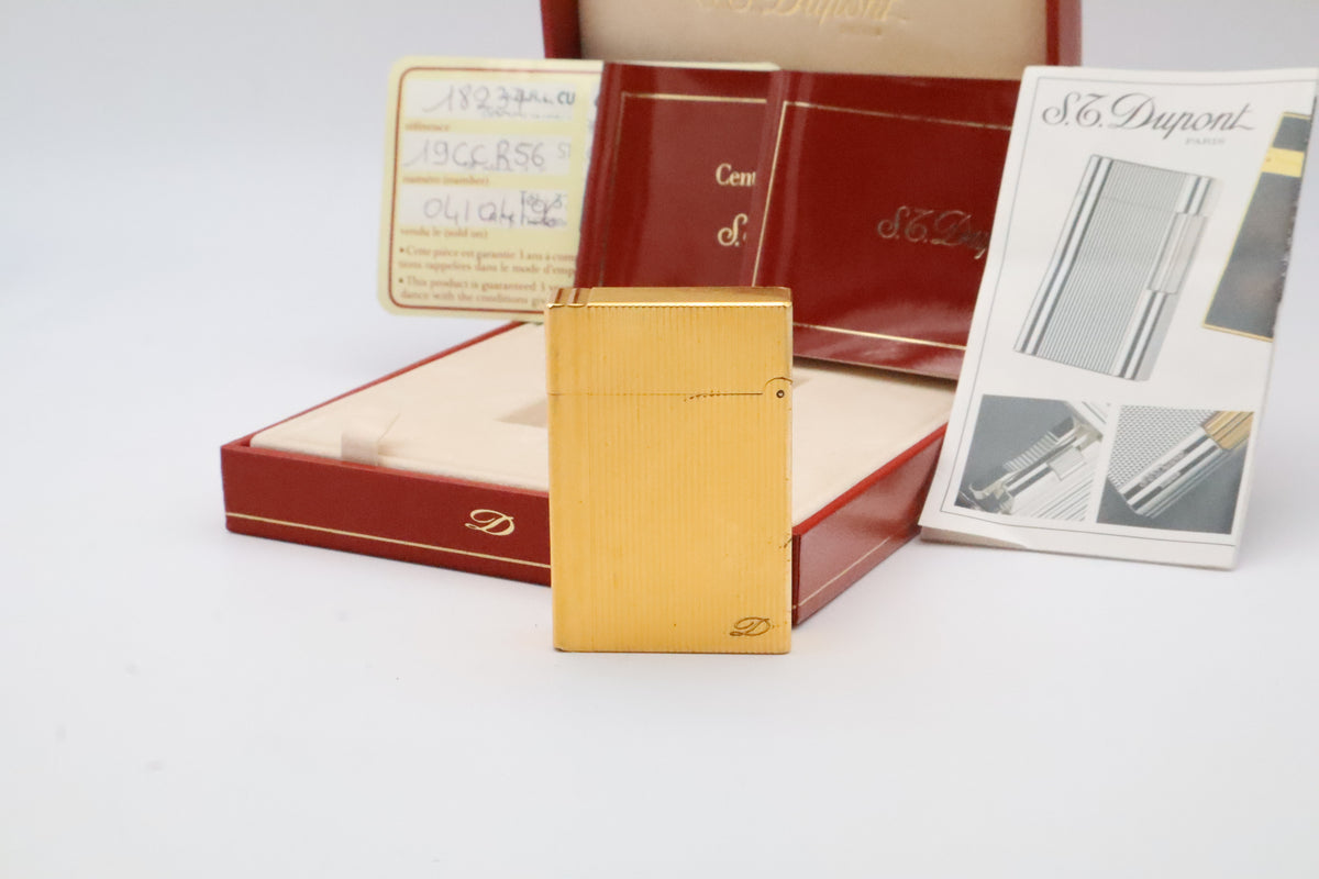 S.T. Dupont Gatsby gold vertical stripes lighter, reference 18237, with original box, papers and guarantee card