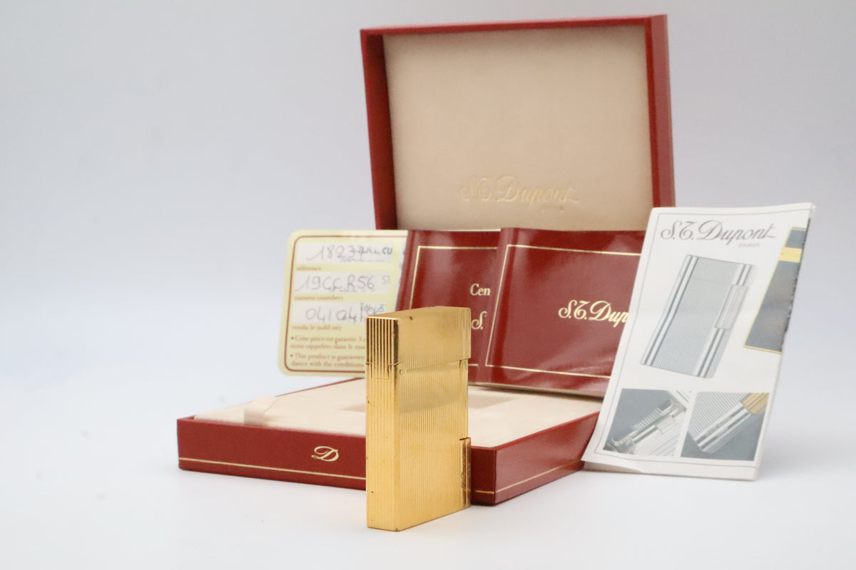 S.T. Dupont Gatsby gold vertical stripes lighter, reference 18237, with original box, papers and guarantee card