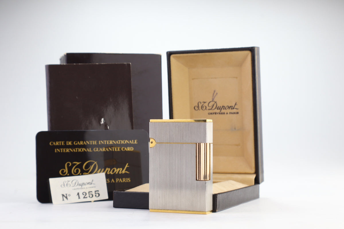 S.T. Dupont Ligne 2 Petit Modele small brushed palladium lighter, reference 15401, new old stock with box, guarantee card and papers