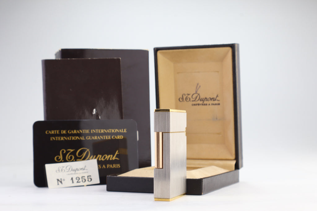 S.T. Dupont Ligne 2 Petit Modele small brushed palladium lighter, reference 15401, new old stock with box, guarantee card and papers