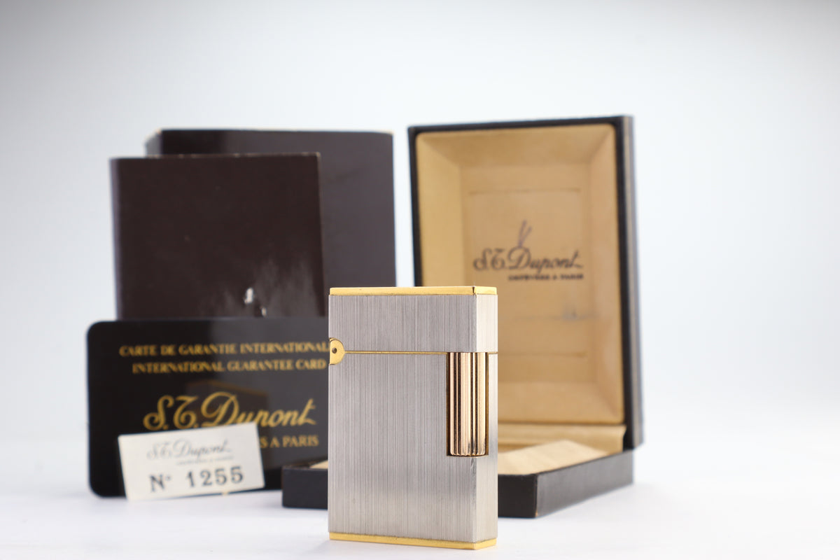 S.T. Dupont Ligne 2 Petit Modele small brushed palladium lighter, reference 15401, new old stock with box, guarantee card and papers