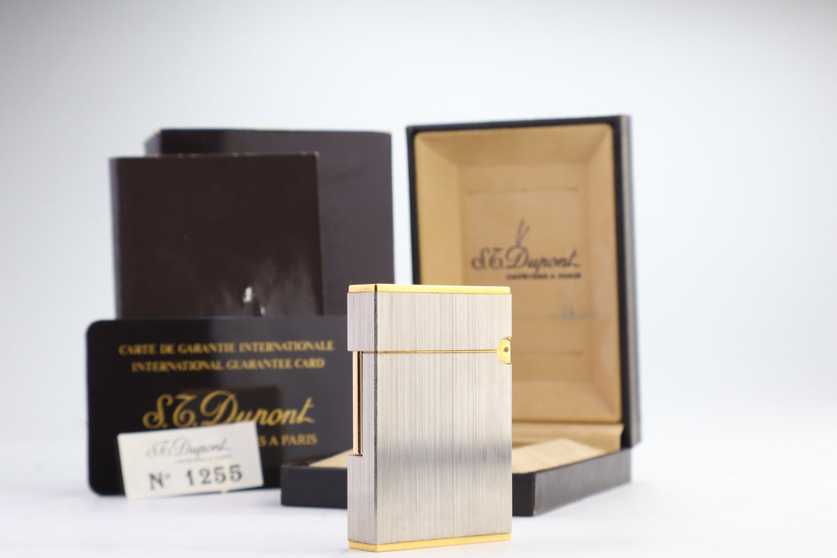 S.T. Dupont Ligne 2 Petit Modele small brushed palladium lighter, reference 15401, new old stock with box, guarantee card and papers