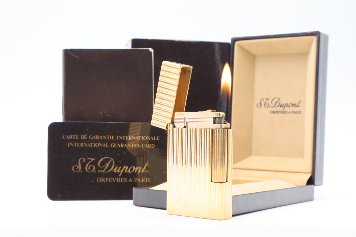 S.T. Dupont Ligne 2 Grand Modele large gold vertical stripes lighter with original box and guarantee card